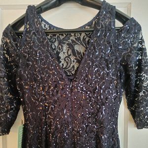 Dark Navy Blue Cold Shoulder Sequin Evening Gown